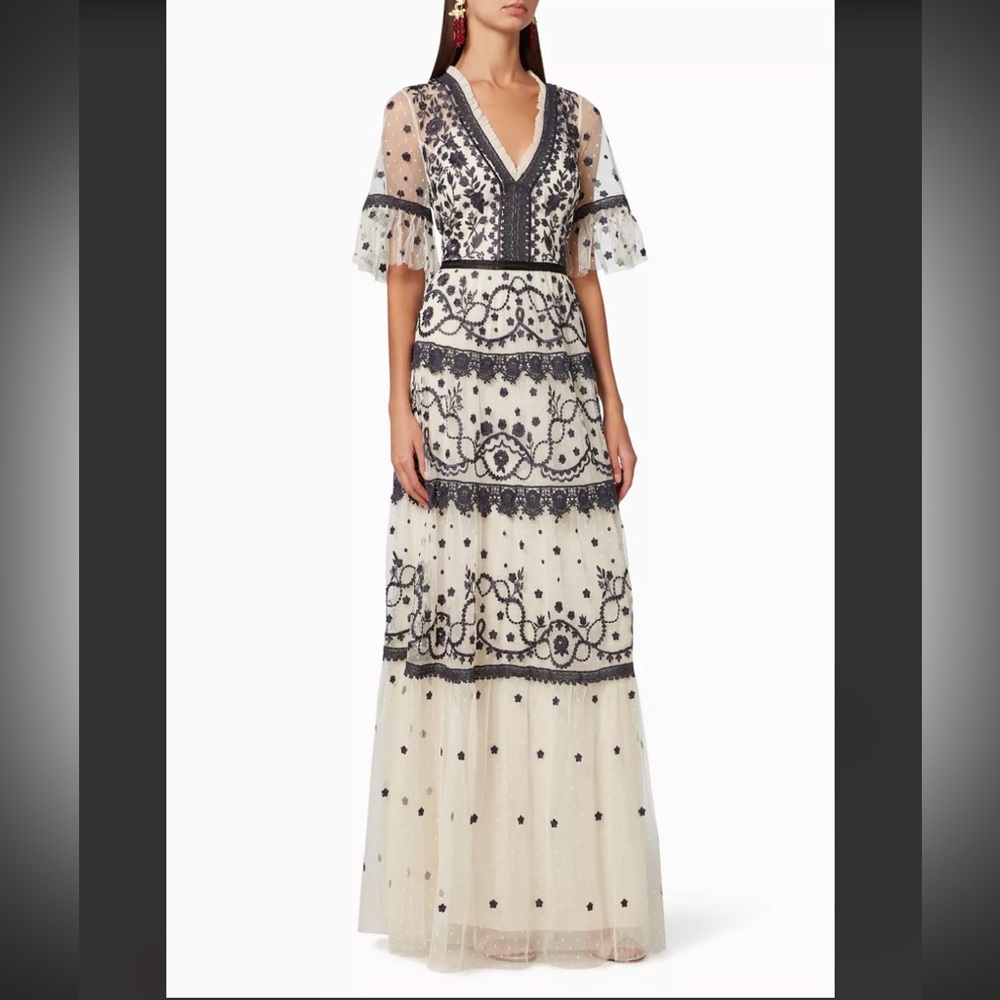 Needle & Thread Black and Cream Floral Maxi Dress